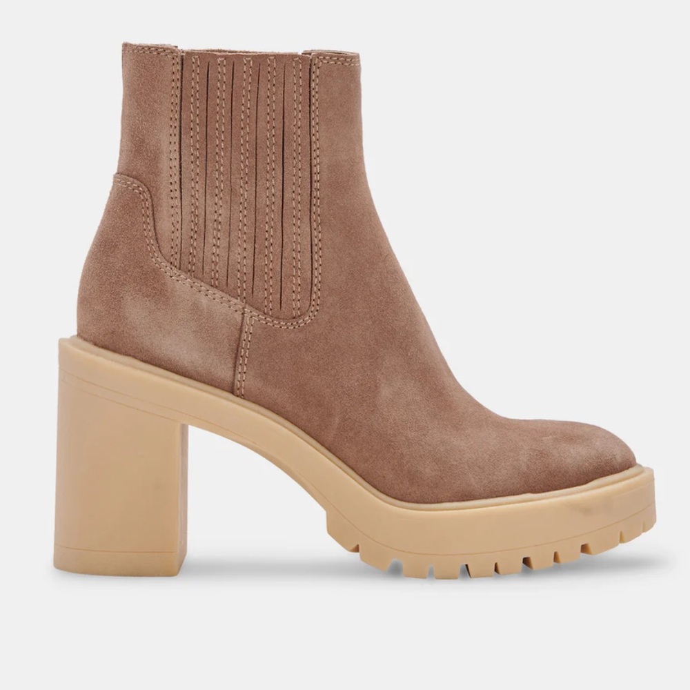 Dolce Vita Beige Taupe Suede Block Heel Chelsea Booties